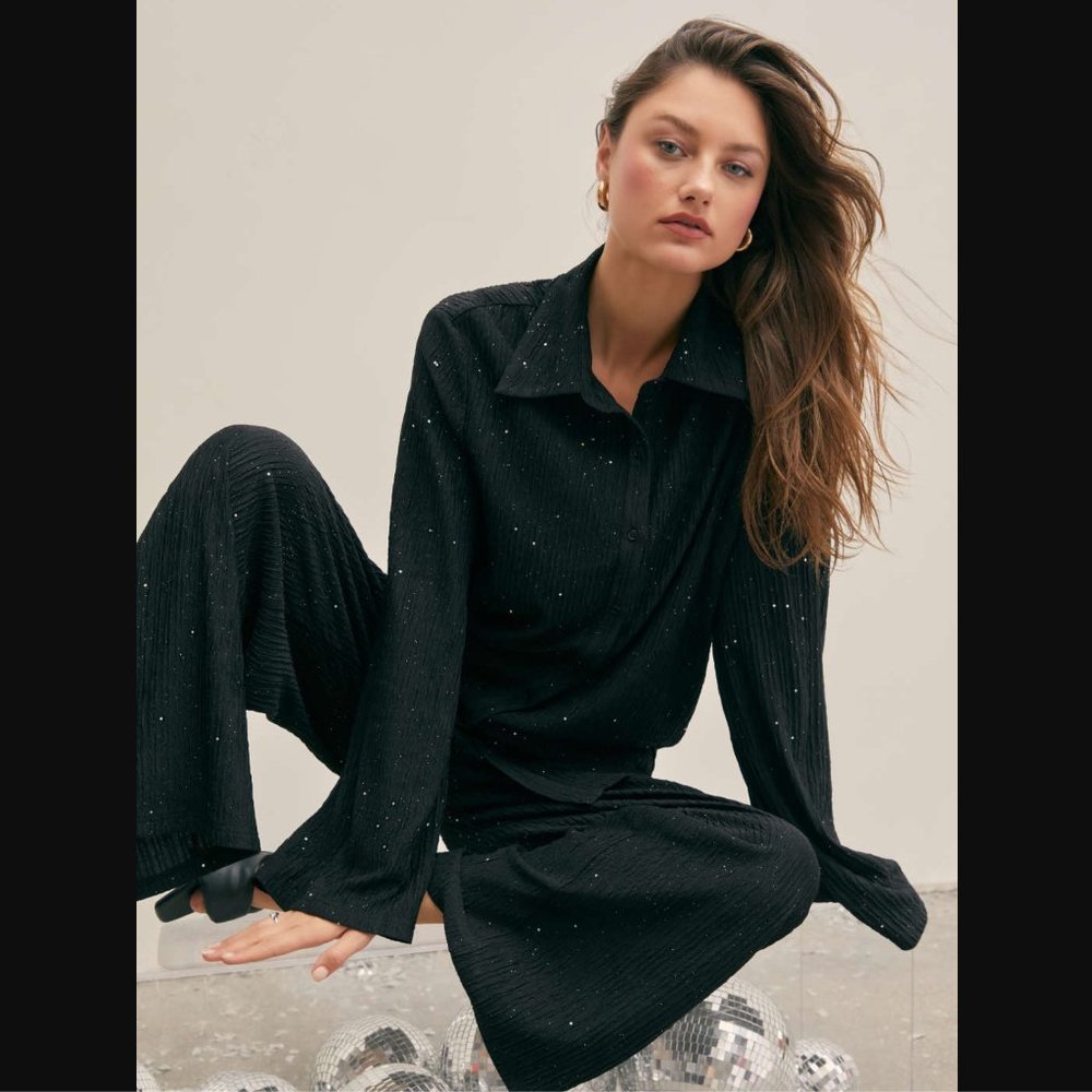 Glitter Collar Button Down Crinkle Blouse Pants S… - image 3